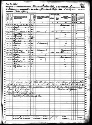  1860 Census page showing Elizabeth Lewis  (widowed) and Children, inculding nephew Patterson Lewis. Listed above is daughter Martha Casteel  at the farm next door. Next door below is Hepsey Lane nee Gilliland, Elizabeth's sister. 