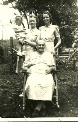  Four Generations - Seated Martha Miller.  Back Row L to R great-granddaughter Joyce Hansard, granddaughter Maxine Lovelace Hansard, daughter Edith Miller Lovelace.  