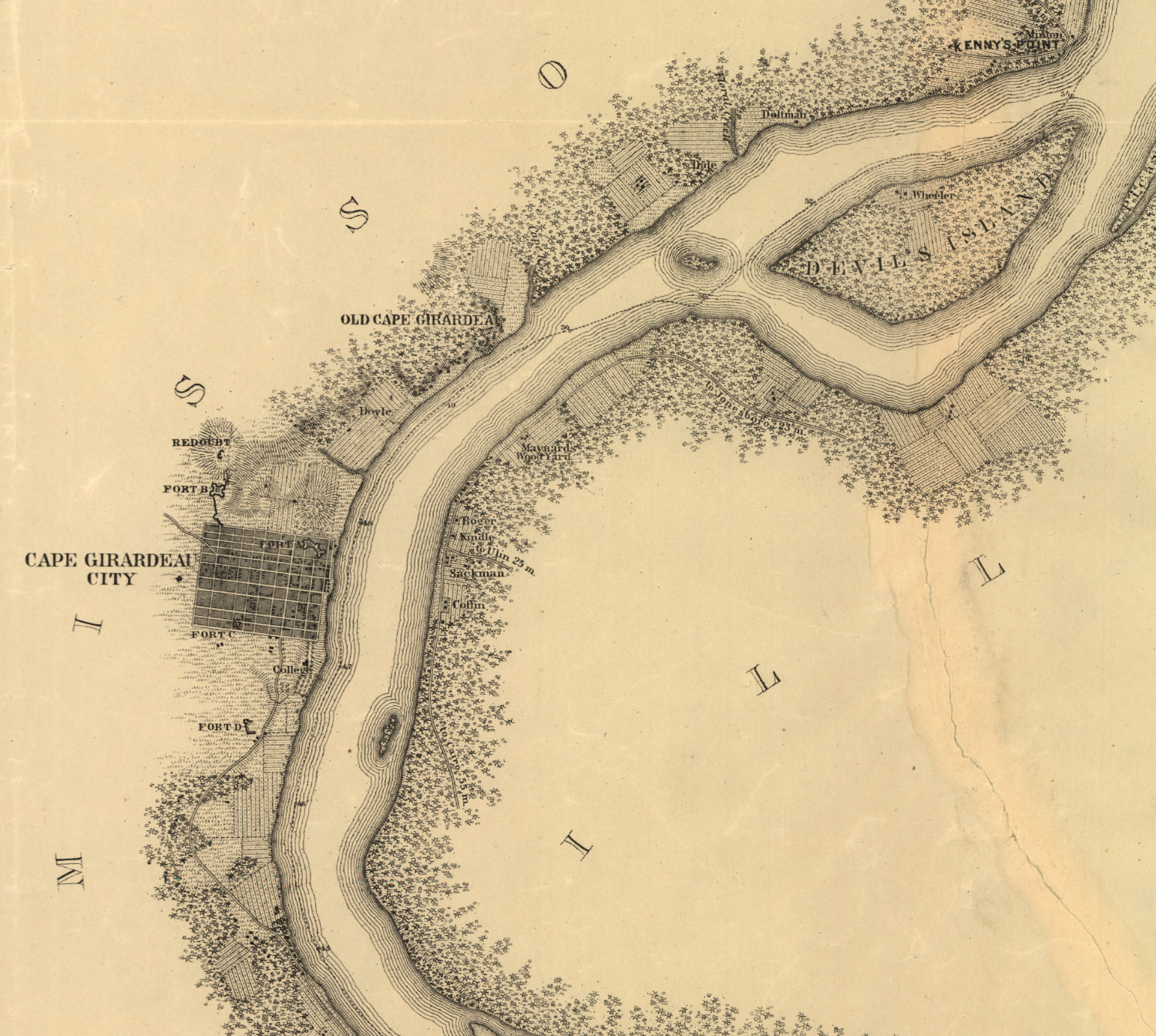 Closer view of 1865 map showing Cape Girardeau on the Mississippi River