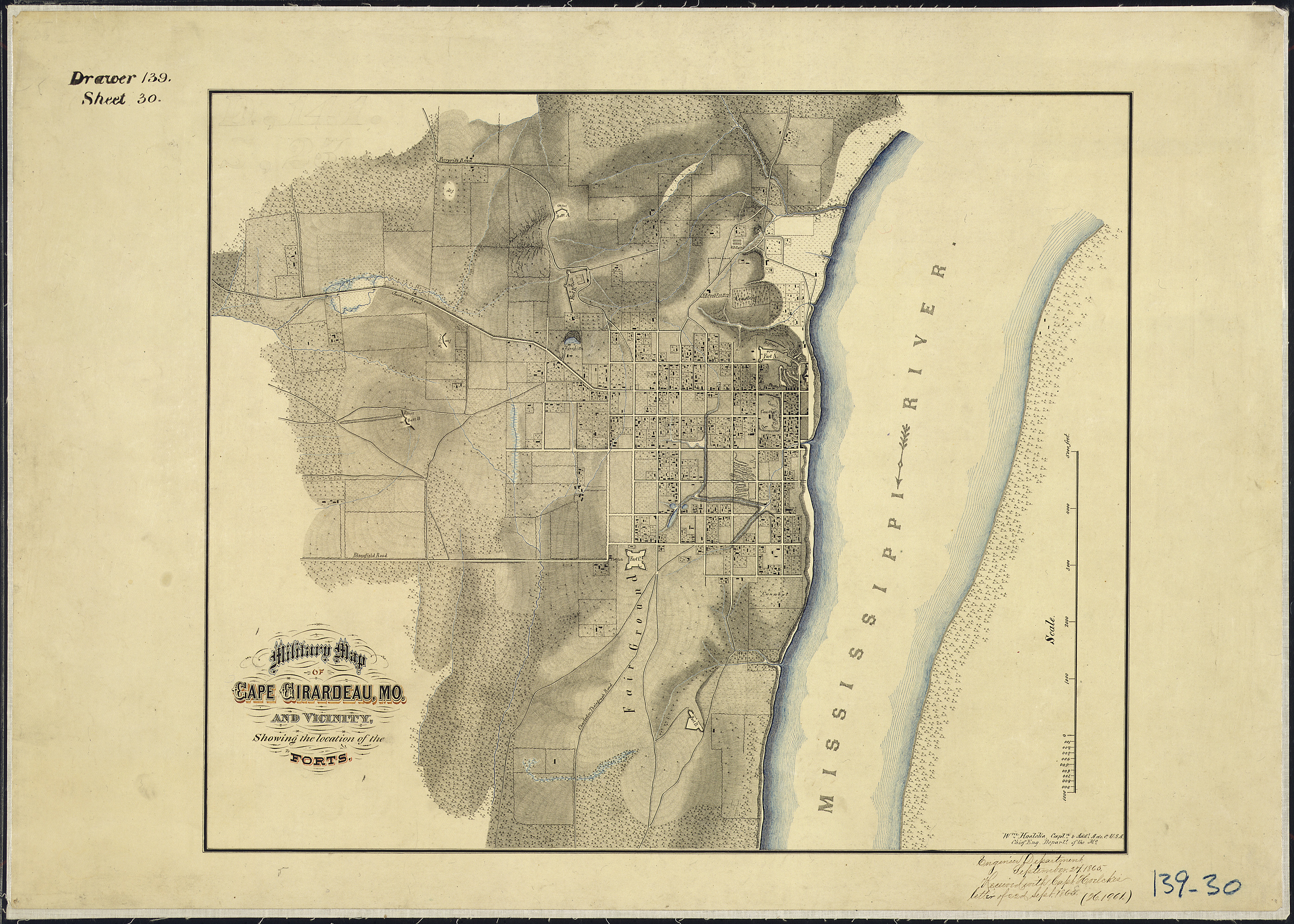 1865 Map of Cape Girardeau showing location of Forts A, B, C and D