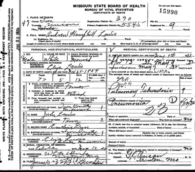  Andrew Lewis Death Certicate showing his mother's maiden name as Gildeon - should be Gilliland.  The error made by the informant, his son Drew Lewis, or by error of the person filling out the form. 