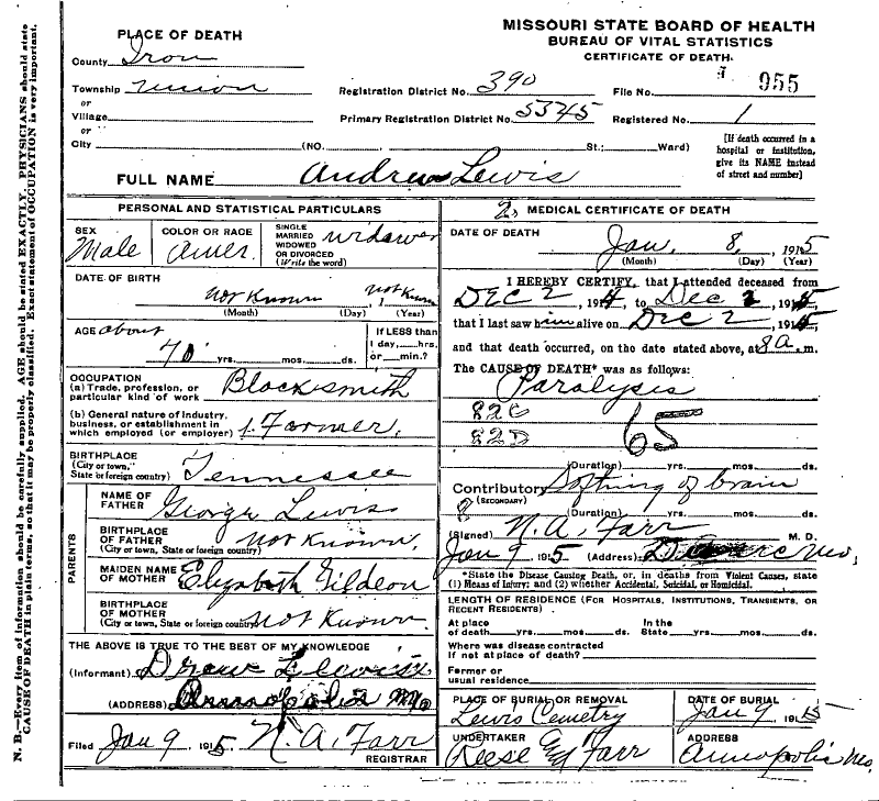  Andrew Lewis Death Certicate showing his mother's maiden name as Gildeon - should be Gilliland.  The error made by the informant, his son Drew Lewis, or by error of the person filling out the form. 