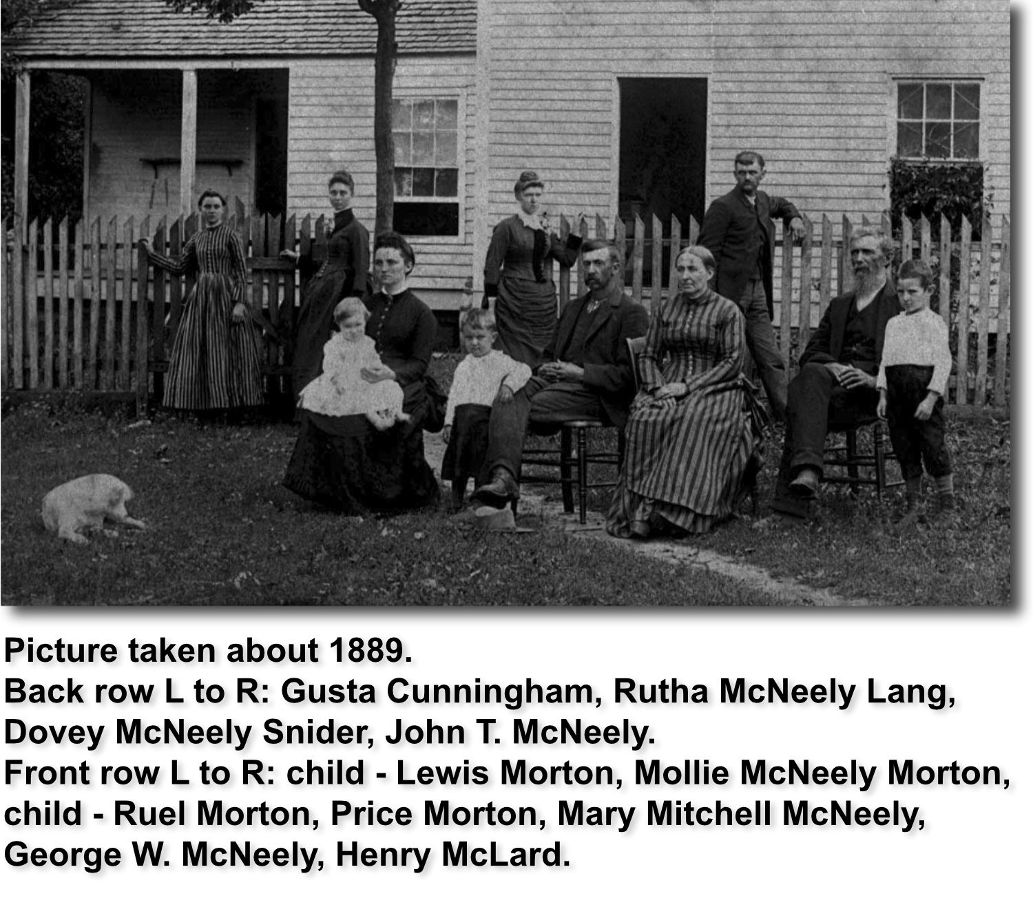  Cunningham, Rutha McNeely Lang, Dovey McNeely Snider, John T. McNeely.  Front row L to R: child - Lewis Morton, Mollie McNeely Morton, child - Ruel Morton, William Price Morton, Mary Mitchell McNeely, George W. McNeely, Henry McLard.  