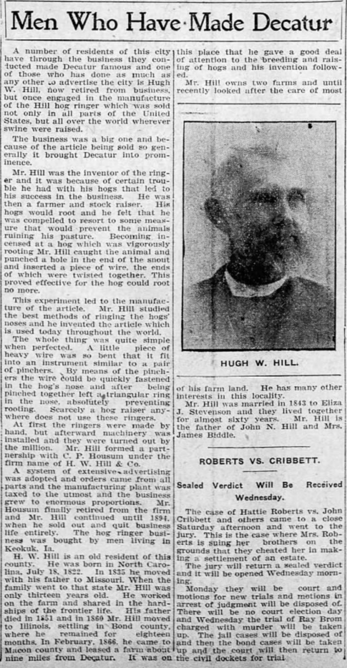 Hugh Hill Bio - Herald and Review (Decatur, IL) 6 Nov 1904 pg 9 col 3