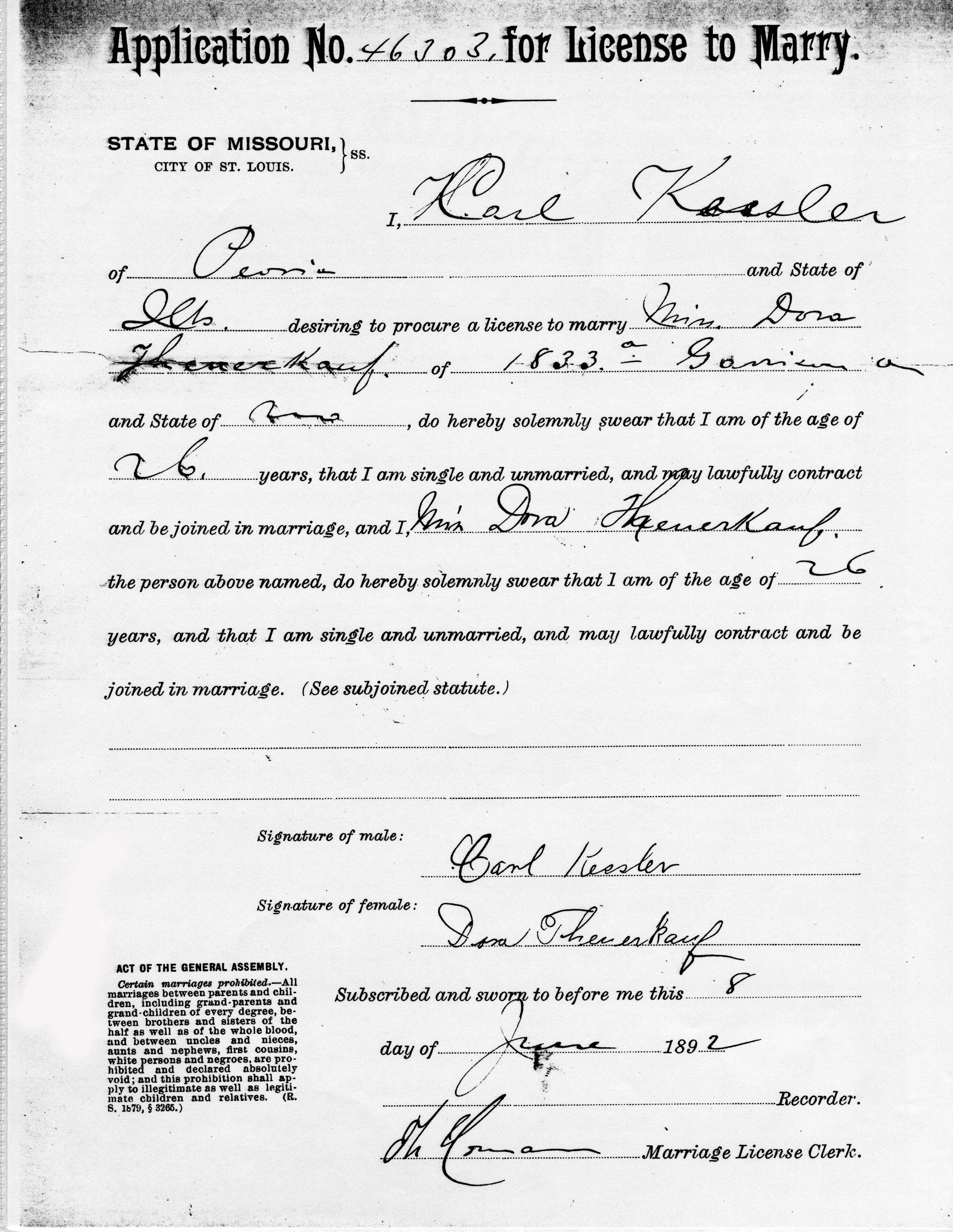  Marriage License Dora Theuerkauf to Carl Kessler - back with signatures 