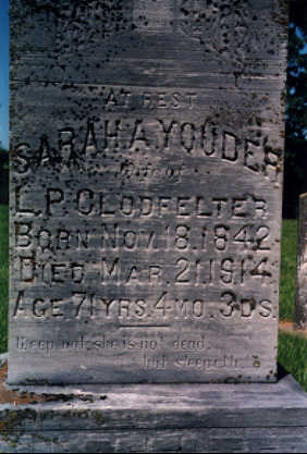  Gravestone of Sarah A. Youder, wife of Leonard P. Clodfelter - Apple Creek Church Cemetery, Row 29, Grave I, Pocahontas, Missouri. 