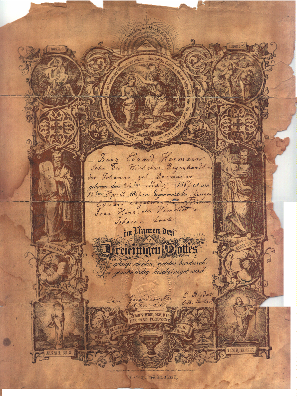  Edward Franz Regenhardt Baptism Certificate 21 Apr 1867 