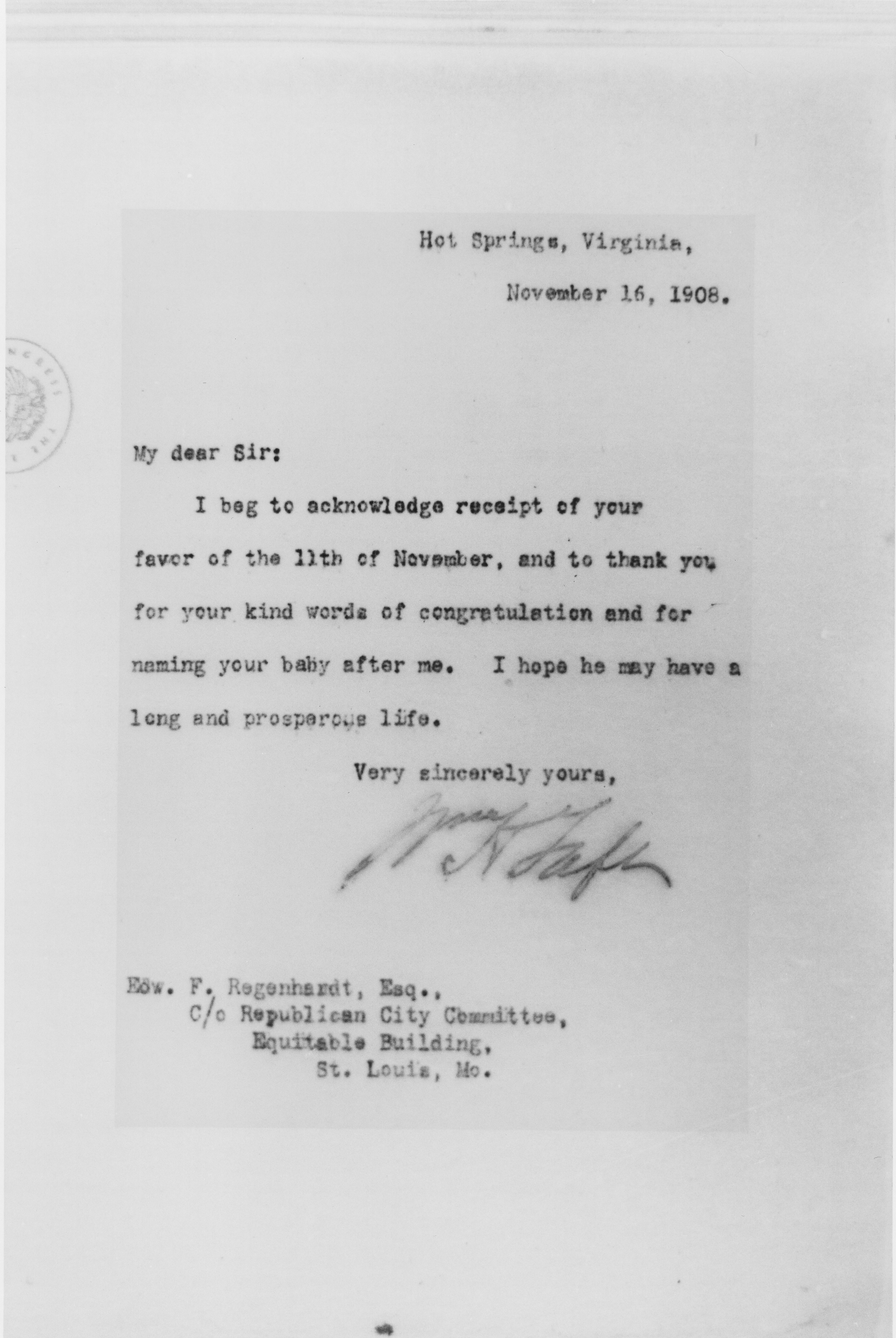  Taft response thanking Edward for naming his son after him 