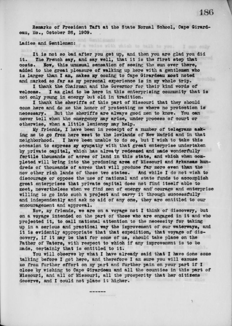  Taft's Remarks in Cape Girardeau 26 October 1909 