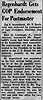 Ted regenhardt endorsed for Postmaster - SE Weekly Bulletin 19 Jul 1956 pg 1