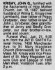 Krisay, John Obit STL Post Dispatch 20 Jan 1987 pg 30