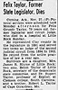 Felix Taylor Obit - Times Record (Ft Smith AR) 27 Nov 1939 pg 9 col 1