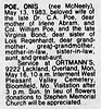 Onis Poe (nee McNeely) Obit STL Post-Dispatch 15 May 1983 pg 28 col 6