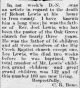 Letter about Death of Robert Lewis, father of Joel. The Democrat-News (Fredericktown) 11 Apr 1912 pg 1 col