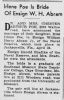 Irlene Poe is bride of Ensign W H Abram STL Post-Dispatch 2 May 1943 Sun Pg 52.