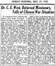 West, Charles E, Returned Missionary, Tells of Chinese War Situation - Decatur Evening Herald 25 May 1928 pg 5